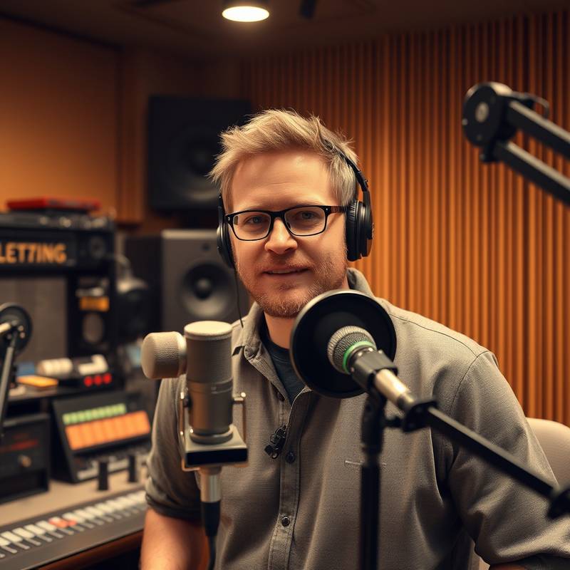 En musikproducer, Erik Jensen, der arbejder i et professionelt lydstudie med mikrofoner og udstyr