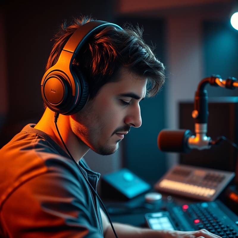 Et lydstudio med en producer, der lytter kritisk til musik gennem hovedtelefoner, med fokus på mastering processen