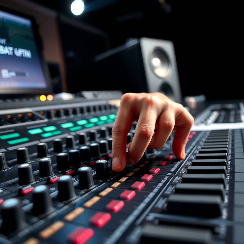 Et nærbillede af en professionel studielydteknikers hånd, der justerer equalizer-knapper på et mixing board